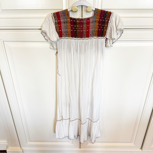 Mexican Chiappas Hand Embroidered Soft Natural Cotton Midi Dress Mayan Style HTF - Picture 9 of 12